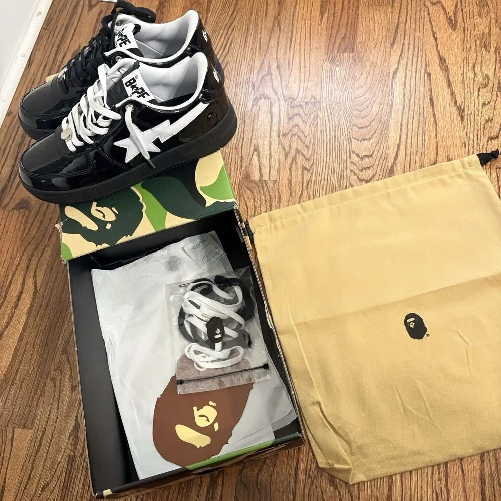 A Bathing Ape bape sta black & white patent leather size 10 w/ box & dust bag